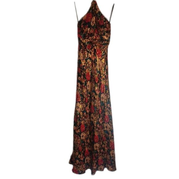 NWT Nicole Miller Sz 4 Floor Length Silk  Maxi Halter Metallic Floral Dress - Picture 2 of 15